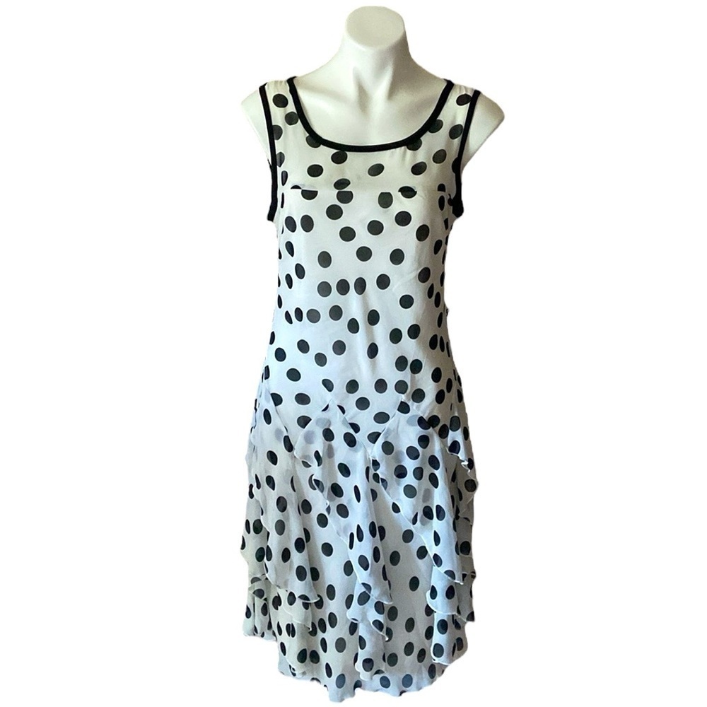 Robbie Bee Black And White Polka Dot Sleeveless Ruffle Knee Length Dress Size 6
